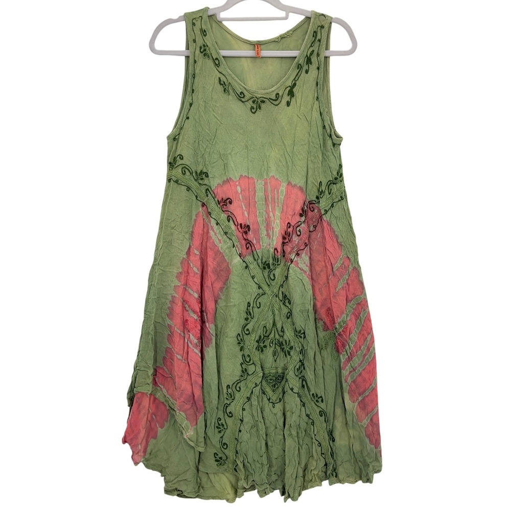 Rebel Love Green Pink Tie Dye Embroidered Dress Free Size Handkerchief Hem Tank